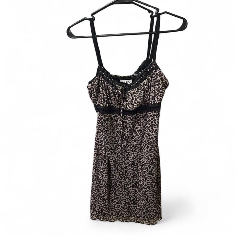 Jolie & Joy Cheetah Print Mini Dress – Tie Collar, Lace Detail, Sheer Overlay